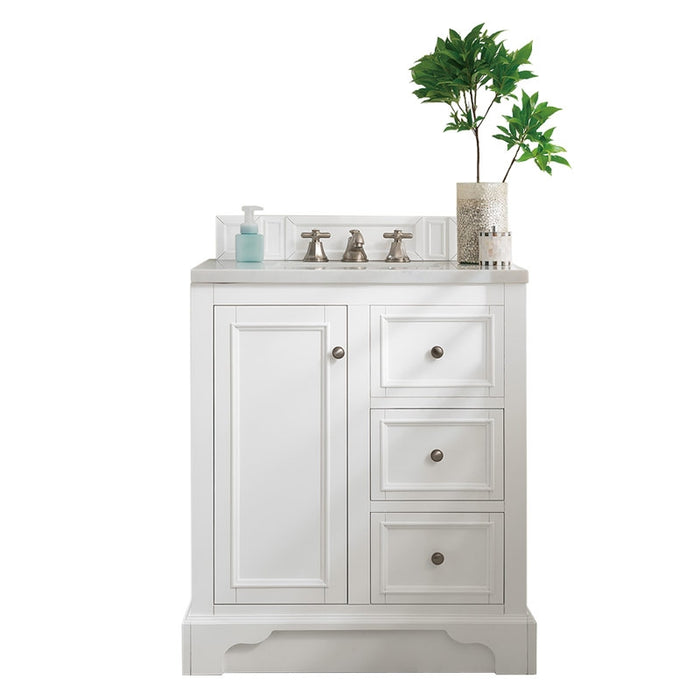 James Martin Furniture - De Soto 30" Single Vanity, Bright White with 3 CM Carrara Marble Top - 825-V30-BW-3CAR - GreatFurnitureDeal