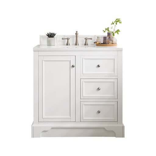 James Martin Furniture - De Soto 36" Single Vanity, Bright White with 3 CM Carrara Marble Top - 825-V36-BW-3CAR - GreatFurnitureDeal