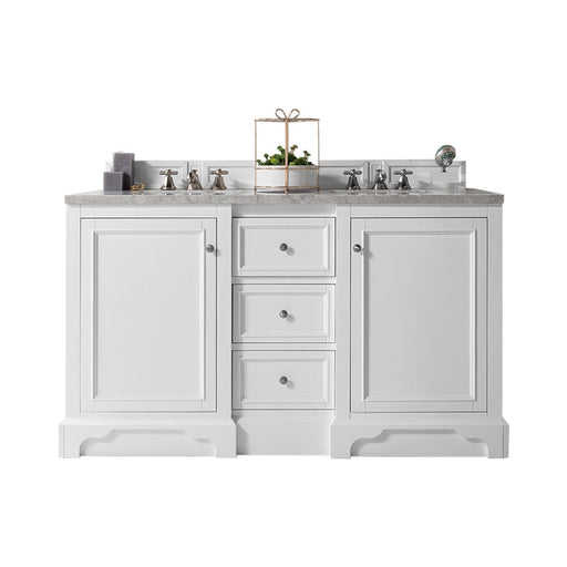 James Martin Furniture - De Soto 60" Double Vanity, Bright White with 3 CM Carrara Marble Top - 825-V60D-BW-3CAR - GreatFurnitureDeal