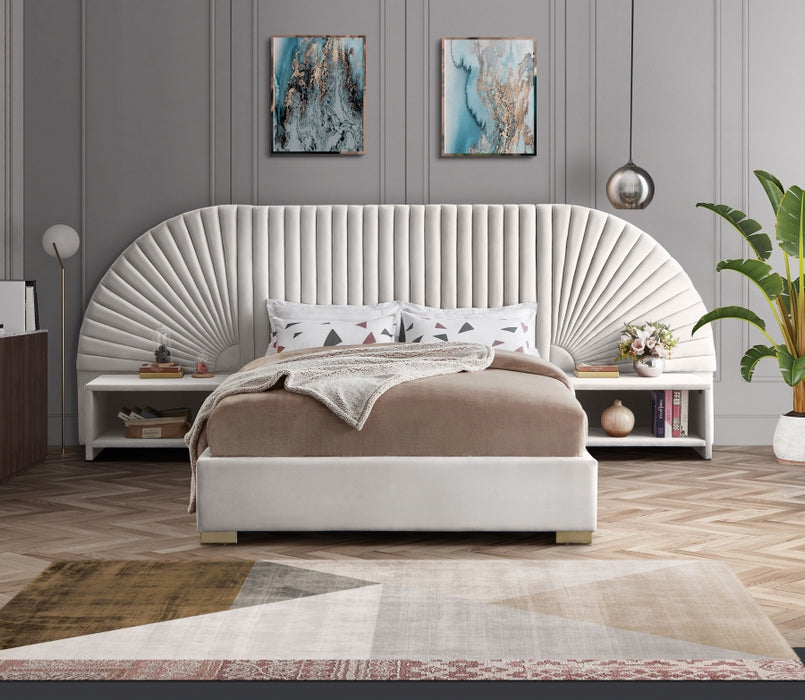 Meridian Furniture - Cleo Velvet Queen Bed in Cream - CleoCream-Q - GreatFurnitureDeal