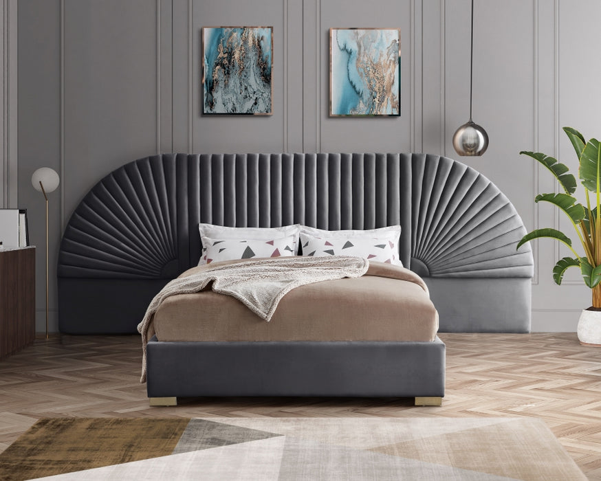 Meridian Furniture - Cleo Velvet Queen Bed in Grey - CleoGrey-Q - GreatFurnitureDeal