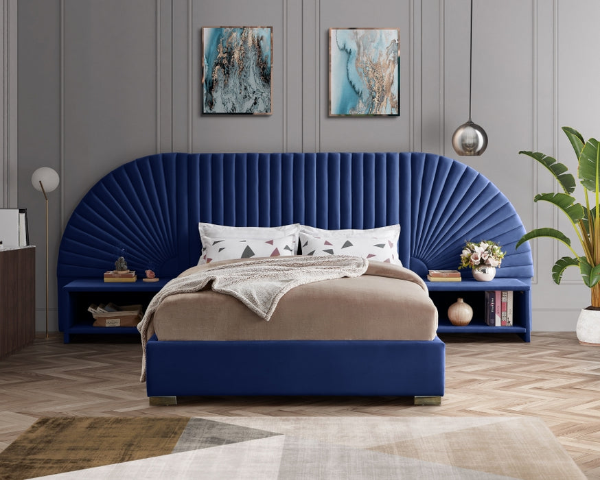 Meridian Furniture - Cleo Velvet Queen Bed in Navy - CleoNavy-Q - GreatFurnitureDeal