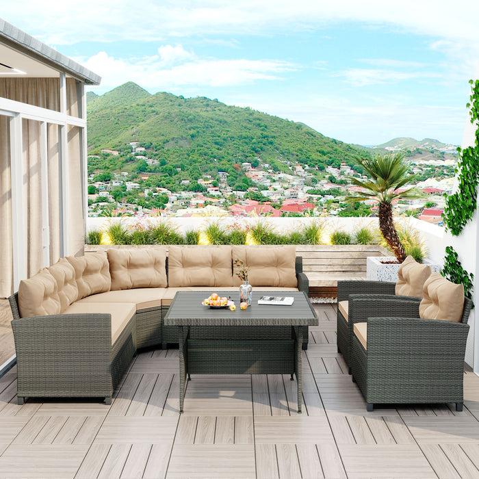 GFD Home - GO 6-Piece Outdoor Wicker Sofa Set, Patio Rattan Dinning Set, Sectional Sofa with Thick Cushions and Pillows, Plywood Table Top, For Garden, Yard, Deck. (Gray Wicker, Beige Cushion) - GreatFurnitureDeal