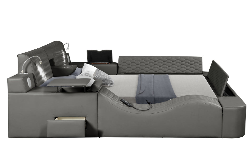 GFD Home - Zoya Smart Multifunctional Queen Size Bed Made with Wood in Gray - GreatFurnitureDeal