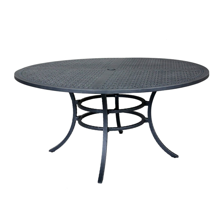 GFD Home - Outdoor Aluminum 7-Piece Round Dining Set With 6 Arm Chairs, Blue - GreatFurnitureDeal