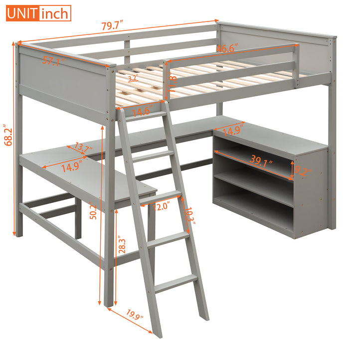 GFD Home - Full size Loft Bed with Shelves and Desk, Wooden Loft Bed with Desk - Gray - GreatFurnitureDeal