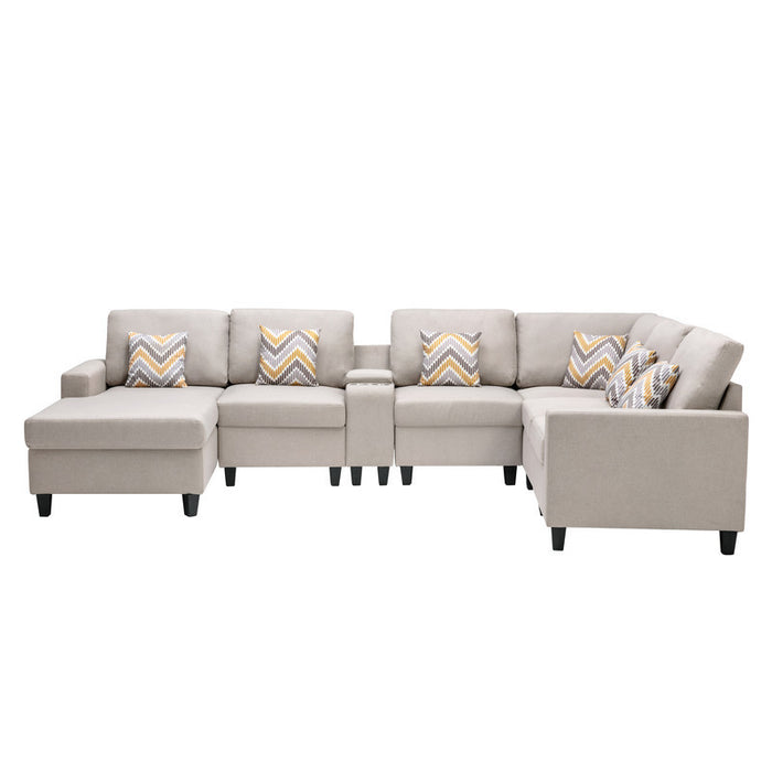 GFD Home - Nolan Beige Linen Fabric 7Pc Reversible Chaise Sectional Sofa with a USB, Charging Ports, Cupholders, Storage Console Table and Pillows and Interchangeable Legs - GreatFurnitureDeal