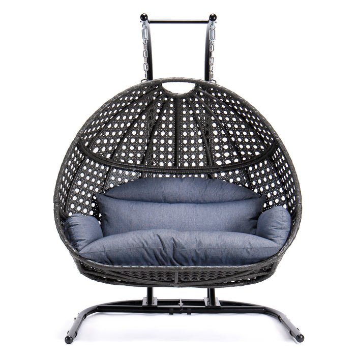 GFD Home - Charcoal Wicker Hanging Double-Seat Swing Chair with Stand w/Dust Blue Cushion - GreatFurnitureDeal