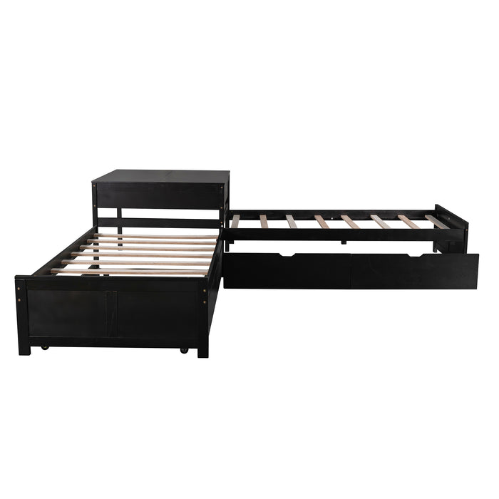 GFD Home - L-shaped Platform Bed with Trundle and Drawers Linked with built-in Desk,Twin,Espresso - GreatFurnitureDeal