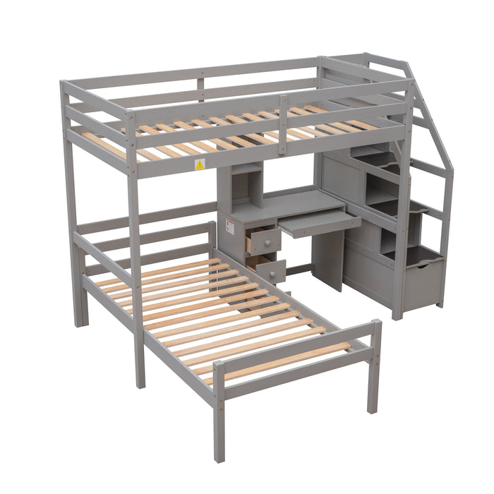 GFD Home - Twin Size Loft Bed with a Stand-alone Bed, Storage Staircase, Desk, Shelves and Drawers, Gray - GreatFurnitureDeal