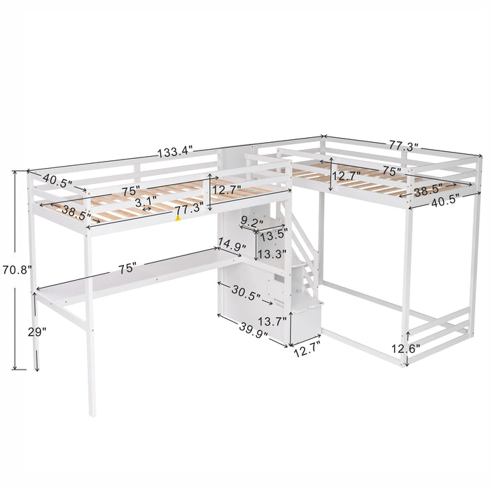 GFD Home - L-Shaped Twin Size Bunk Bed and Loft Bed with Built-in Middle Staircase and Desk, White - GreatFurnitureDeal