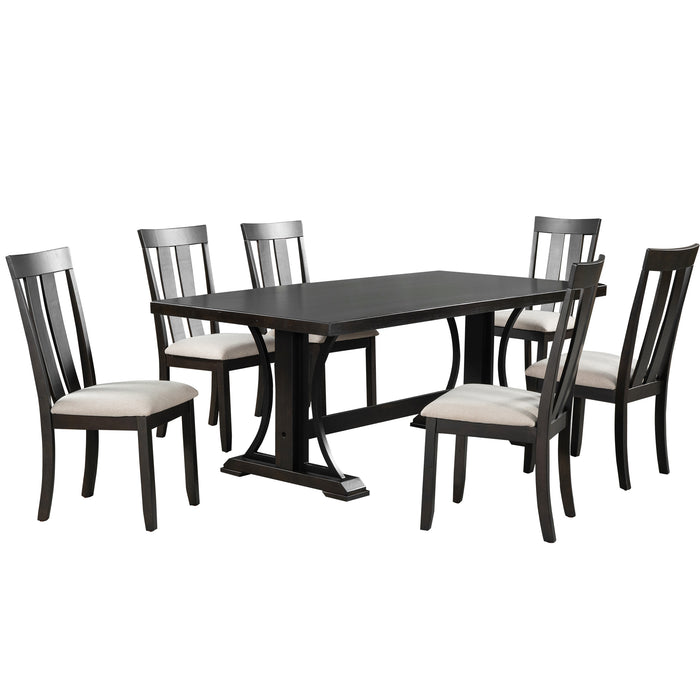 GFD Home - TREXM 7-Piece Retro Style Dining Table Set 78" Wood Rectangular Table and 6 Dining Chairs for Dining Room (Espresso) - GreatFurnitureDeal