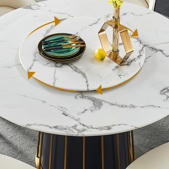GFD Home - Modern White Round Marble Tabletop Dining Table with Lazy Susan, Black and Gold Leg, Dining Room Table for 6-8, 51" - GreatFurnitureDeal