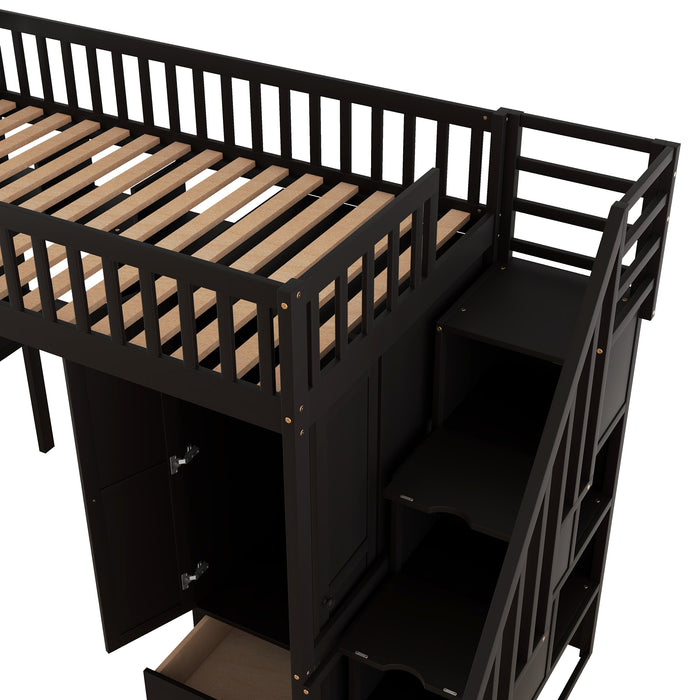 GFD Home - Twin size Loft Bed with Bookshelf,Drawers,Desk,and Wardrobe-Espresso - GreatFurnitureDeal