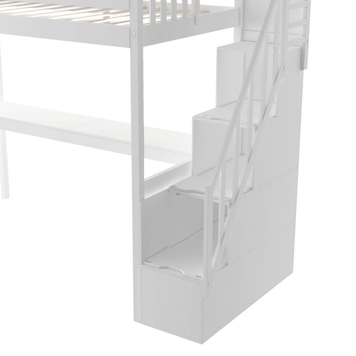 GFD Home - Twin Size Loft Bed with Staircase and Built-in Desk ,White - GreatFurnitureDeal