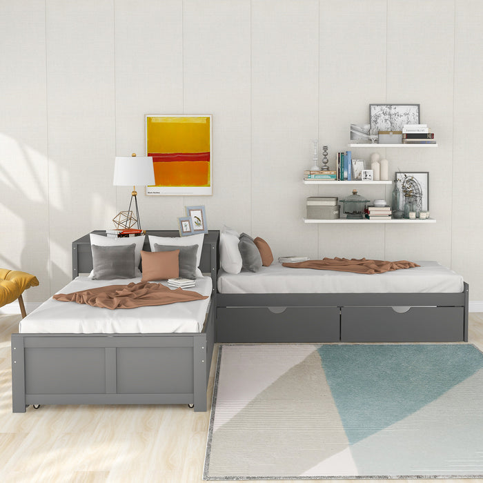 GFD Home - L-shaped Platform Bed with Trundle and Drawers Linked with built-in Desk,Twin,Gray - GreatFurnitureDeal