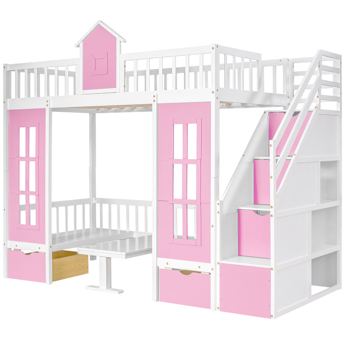 GFD Home - Twin-Over-Twin Bunk Bed with Changeable Table , Bunk Bed  Turn into Upper Bed and Down Desk with 2 Drawers - Pink - GreatFurnitureDeal