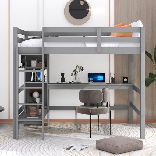 GFD Home - Full Size Loft Bed with Multifunction Shelves and Under-bed Desk, Gray - GreatFurnitureDeal