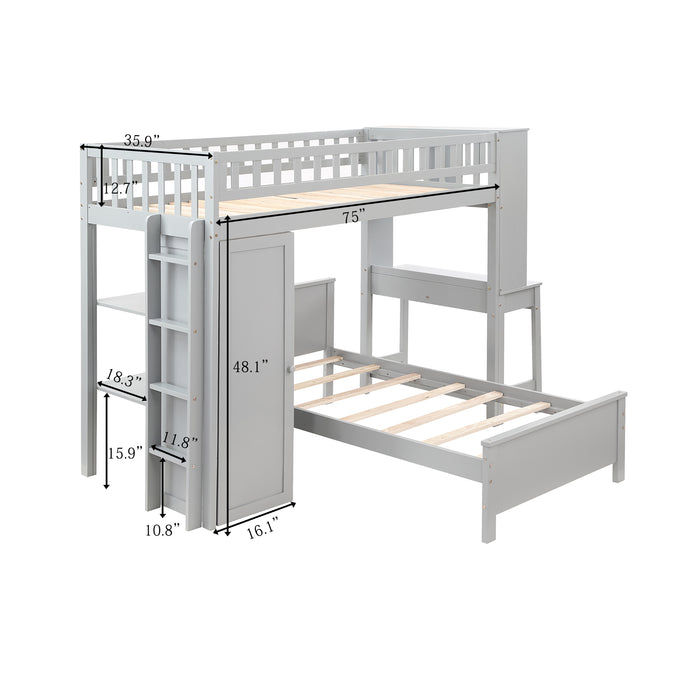 GFD Home - Twin Size Loft Bed with Closet and Desk, Extra Bottom Twin Bed, Grey - GreatFurnitureDeal