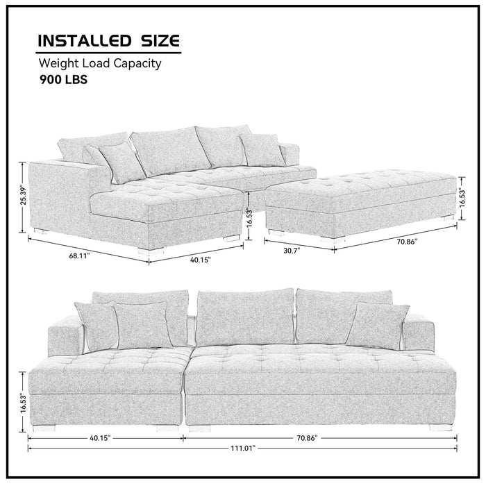 GFD Home - Tufted Fabric 3-Seat L-Shape Sectional Sofa Couch Set w/Chaise Lounge, Ottoman Coffee Table Bench, Light Grey - GreatFurnitureDeal