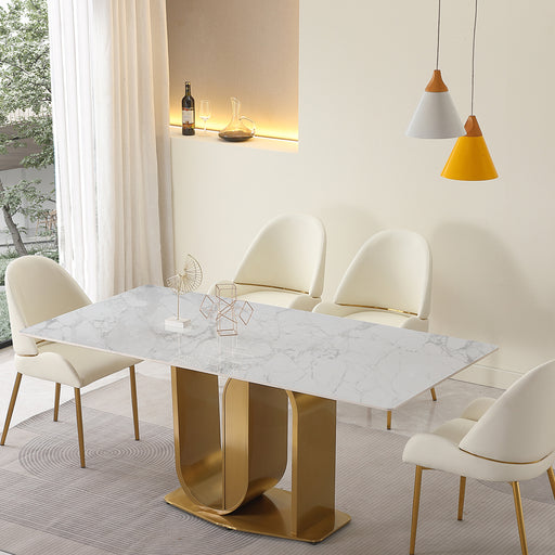 GFD House - 71" Contemporary Dining Table in Gold with Sintered Stone Top and  U shape Pedestal Base in Gold finish with 6 pcs Chairs . - GreatFurnitureDeal