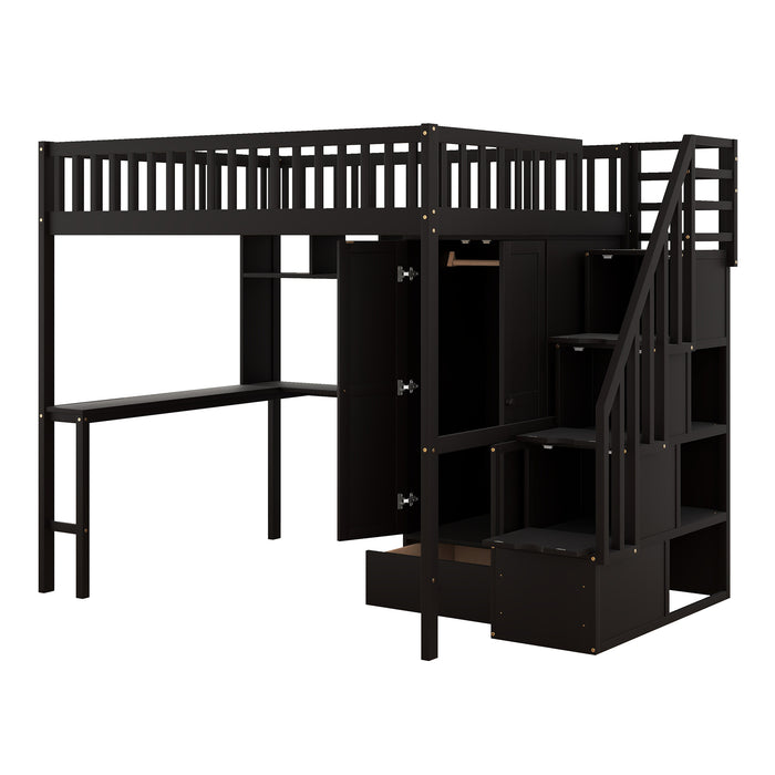 GFD Home - Full size Loft Bed with Bookshelf,Drawers,Desk,and Wardrobe-Espresso - GreatFurnitureDeal