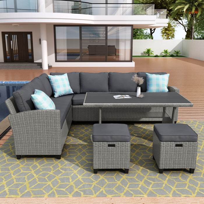 GFD Home - U_STYLE Patio Furniture Set, 5 Piece Outdoor Conversation Set,  Dining Table Chair with Ottoman and Throw Pillows - GreatFurnitureDeal