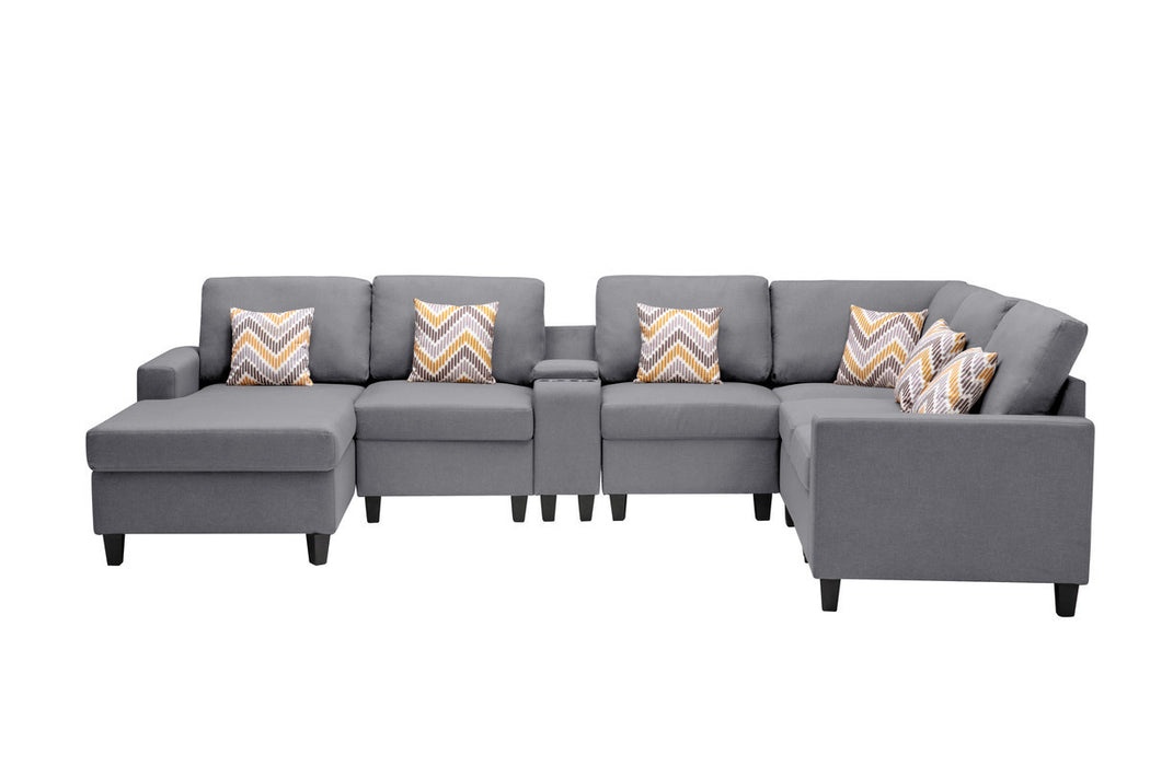 GFD Home - Nolan Gray Linen Fabric 7Pc Reversible Chaise Sectional Sofa with a USB, Charging Ports, Cupholders, Storage Console Table and Pillows and Interchangeable Legs - GreatFurnitureDeal