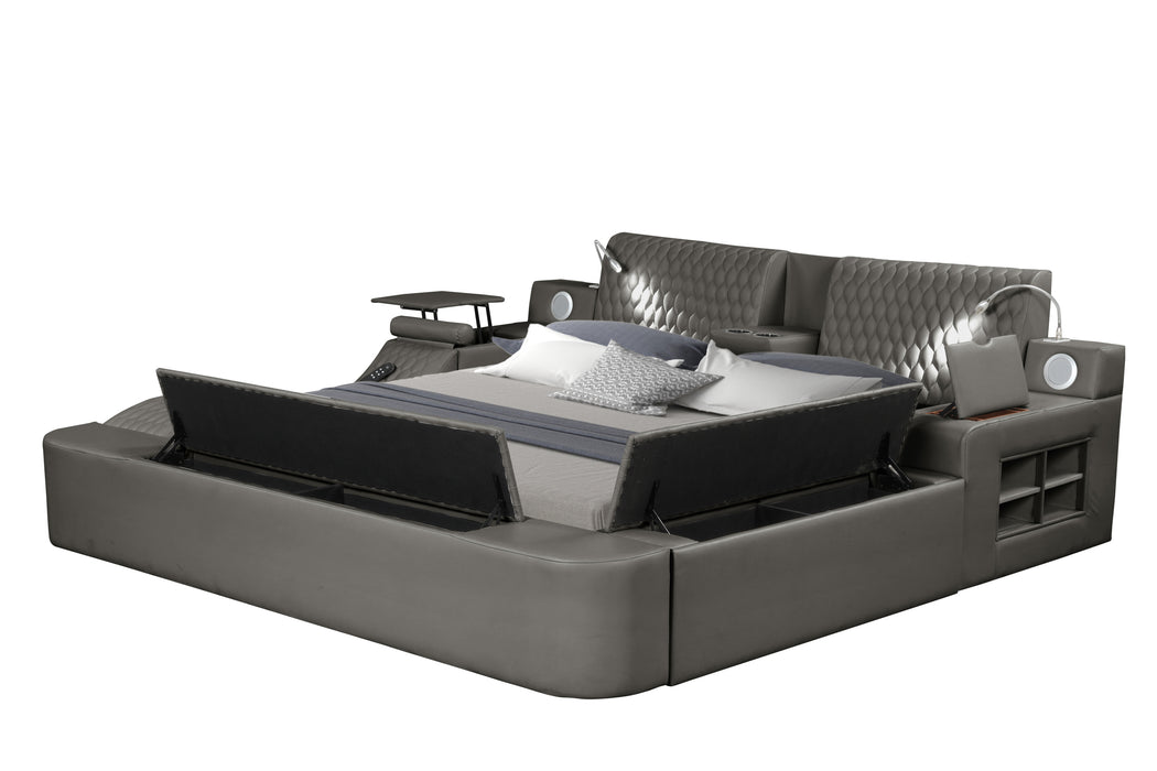 GFD Home - Zoya Smart Multifunctional Queen Size Bed Made with Wood in Gray - GreatFurnitureDeal