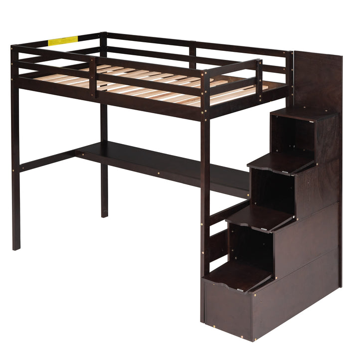 GFD Home - L-Shaped Twin Size Bunk Bed and Loft Bed with Built-in Middle Staircase and Desk,Espresso - GreatFurnitureDeal