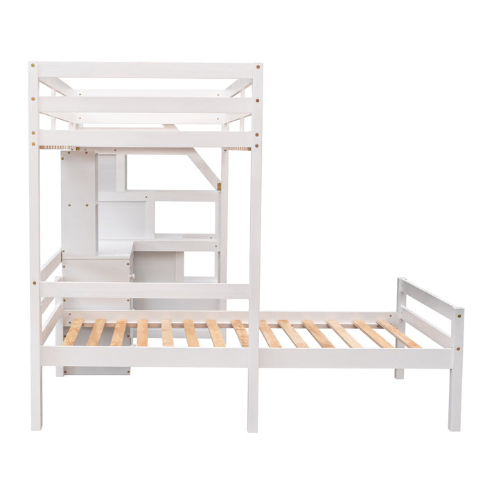 GFD Home - Twin Size Loft Bed with a Stand-alone Bed, Storage Staircase, Desk, Shelves and Drawers, White - GreatFurnitureDeal