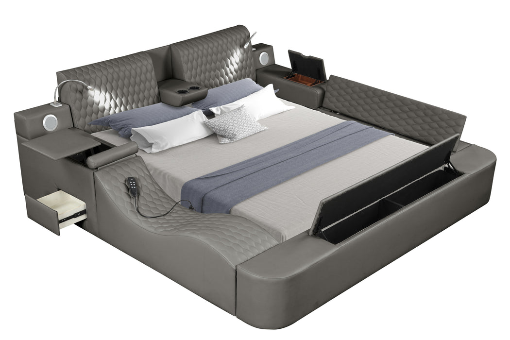 GFD Home - Zoya Smart Multifunctional Queen Size Bed Made with Wood in Gray - GreatFurnitureDeal