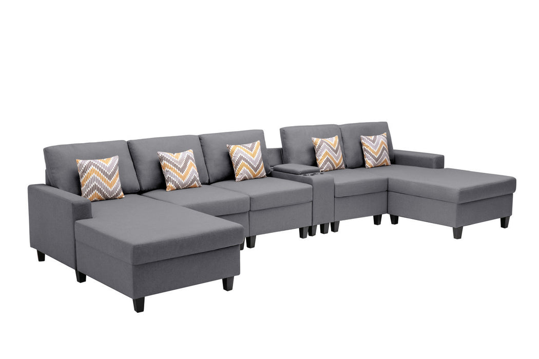 GFD Home - Nolan Gray Linen Fabric 6Pc Double Chaise Sectional Sofa with Interchangeable Legs, a USB, Charging Ports, Cupholders, Storage Console Table and Pillows - GreatFurnitureDeal