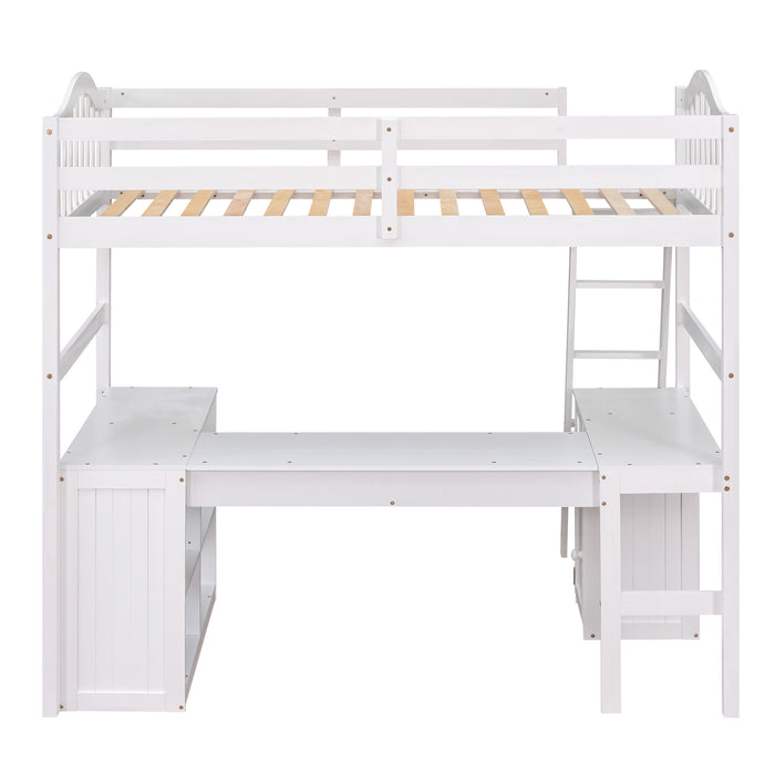 GFD Home - Twin size Loft Bed with Drawers, Cabinet, Shelves and Desk, Wooden Loft Bed with Desk - White(OLD SKU :LT000505AAK) - GreatFurnitureDeal