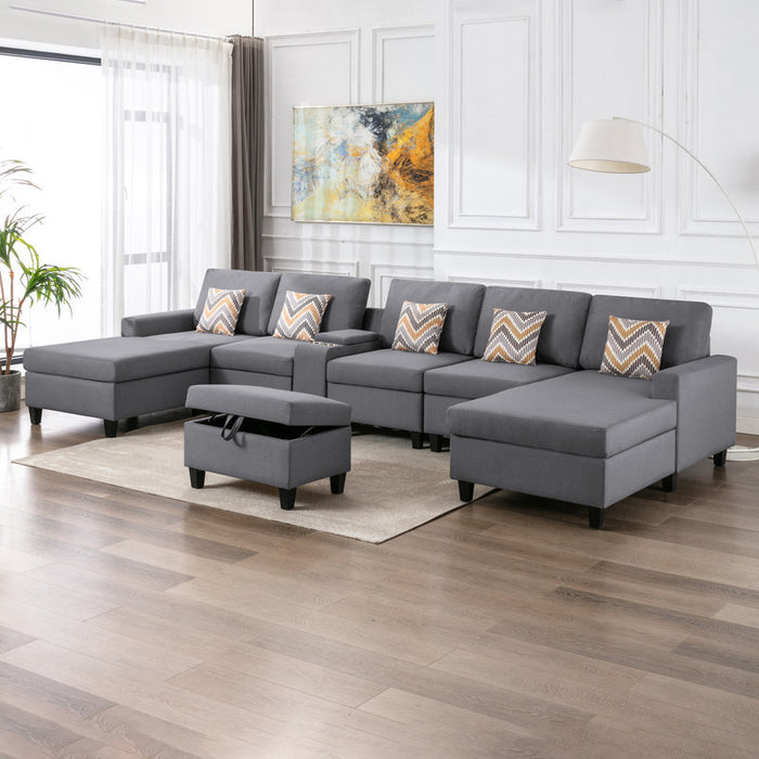 GFD Home - Nolan Gray Linen Fabric 7Pc Double Chaise Sectional Sofa with Interchangeable Legs, Storage Ottoman, Pillows, and a USB, Charging Ports, Cupholders, Storage Console Table - GreatFurnitureDeal