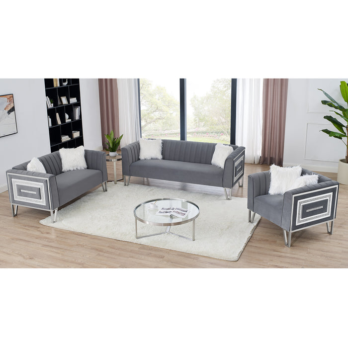 GFD Home - 3 Piece Living Room Sofa Set, including 3-Seater Sofa, Loveseat and Sofa Chair, with mirrored side trim with faux diamonds and stainless steel legs, Six White Villose Pillow, Grey - GreatFurnitureDeal