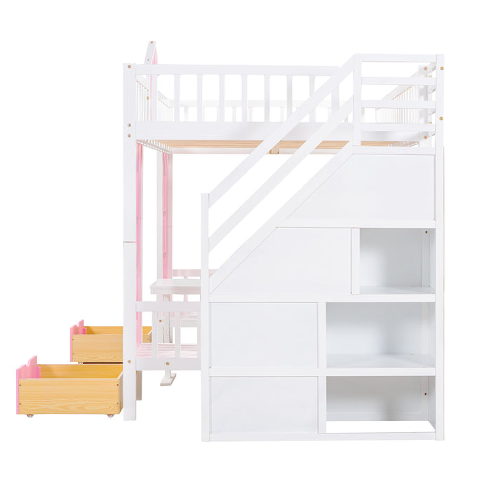 GFD Home - Full-Over-Full Bunk Bed with Changeable Table , Bunk Bed Turn into Upper Bed and Down Desk - Pink - GreatFurnitureDeal