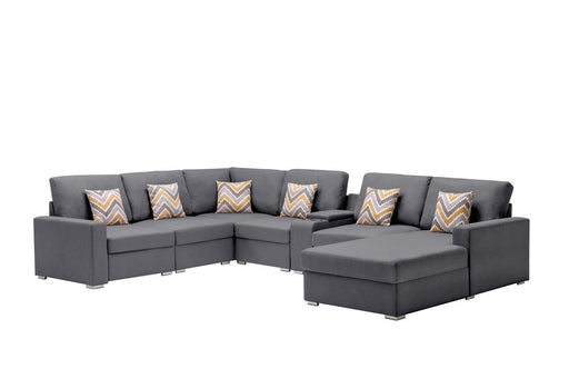 GFD Home - Nolan Gray Linen Fabric 7Pc Reversible Chaise Sectional Sofa with a USB, Charging Ports, Cupholders, Storage Console Table and Pillows and Interchangeable Legs - GreatFurnitureDeal