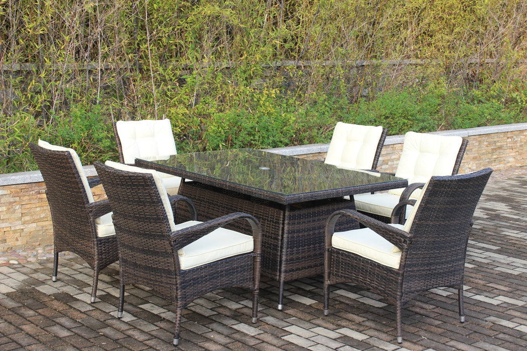 GFD Home - Patio 7-Piece Rectangular Dining Set with 6 Dining Chairs (Brown &Beige Cushion ) - GreatFurnitureDeal