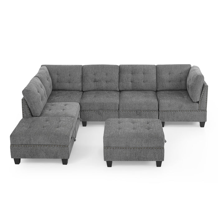 GFD Home - L shape Modular Sectional Sofa，DIY Combination，includes Three Single Chair ，Two Corner and Two Ottoman，Grey Chenille - GreatFurnitureDeal