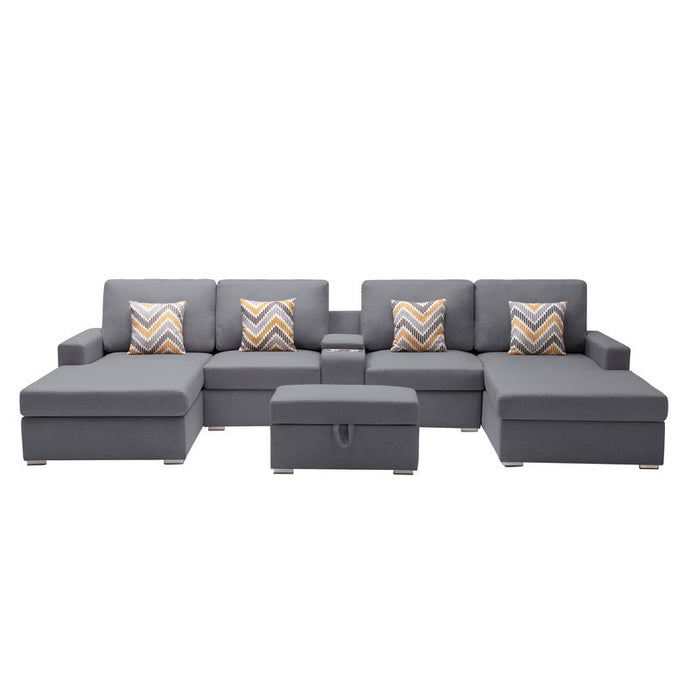 GFD Home - Nolan Gray Linen Fabric 6Pc Double Chaise Sectional Sofa with Interchangeable Legs, Storage Ottoman, Pillows, and a USB, Charging Ports, Cupholders, Storage Console Table - GreatFurnitureDeal