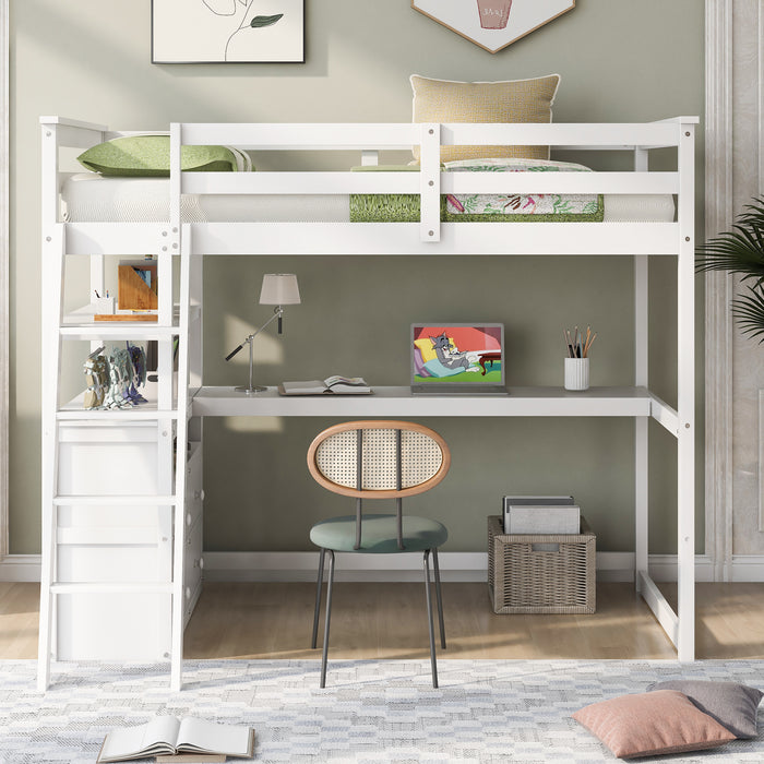 GFD Home - Twin Size Loft Bed with Desk and Shelves, Two Built-in Drawers, White (old SKU: GX000803AAK-1） - GreatFurnitureDeal