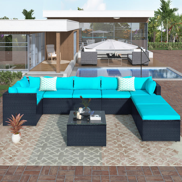 GFD Home - GO 9-piece Outdoor Patio PE Wicker Rattan conversation Sectional Sofa sets with 3 sofa, 3 corner sofa, 2 ottomans, and 1 glass coffee table, removable soft cushions (Black wicker, Blue cushion) - GreatFurnitureDeal