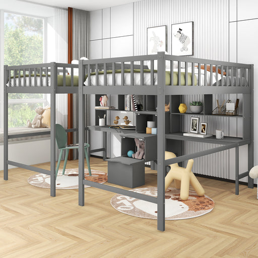 GFD Home - Twin & Twin Size Loft Bed with 2 Built-in Desks and Shelves, Storage Staircase, Gray - GreatFurnitureDeal