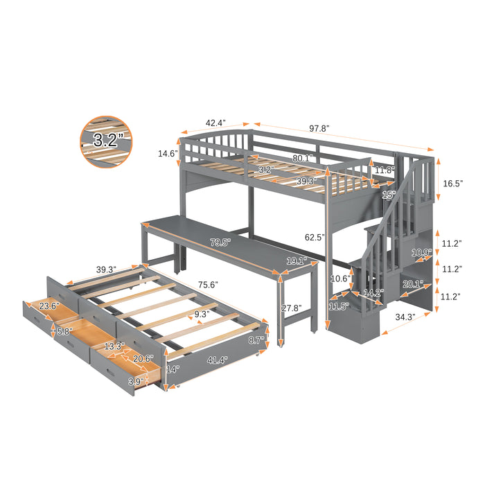 GFD Home - Stairway Twin XL Loft Bed with Twin Size Trundle and 3 Drawers, Storage, Desk, Gray - GreatFurnitureDeal