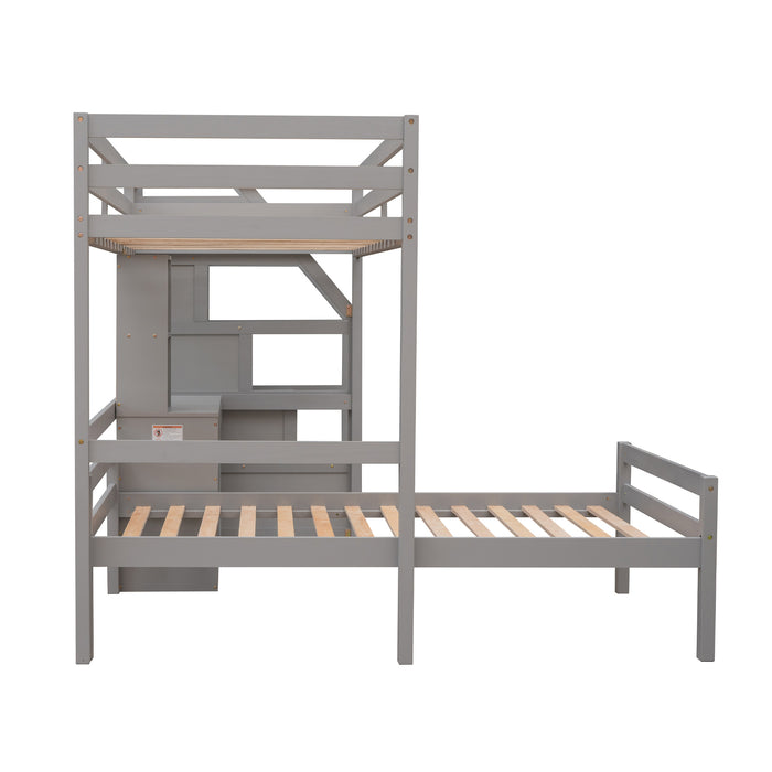 GFD Home - Twin Size Loft Bed with a Stand-alone Bed, Storage Staircase, Desk, Shelves and Drawers, Gray - GreatFurnitureDeal