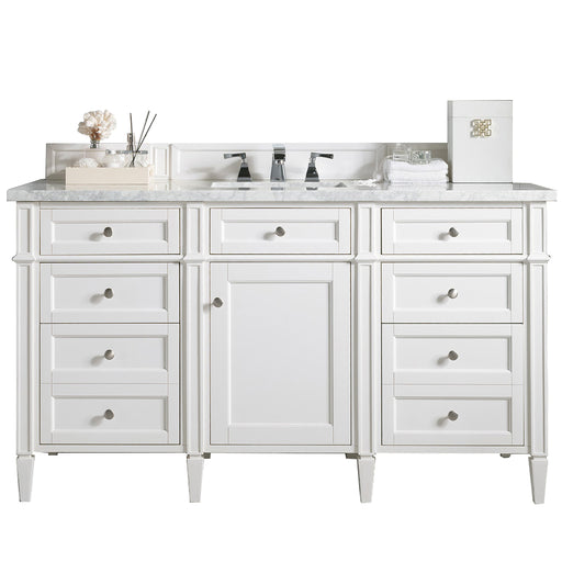 James Martin Furniture - Brittany 60" Bright White Single Vanity w- 3 CM Carrara Marble Top - 650-V60S-BW-3CAR - GreatFurnitureDeal