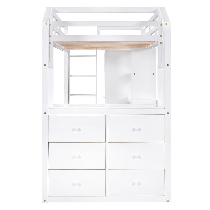 GFD Home - Twin Size Loft Bed with Wardrobe and Drawers, attached Desk with Shelves, White - GreatFurnitureDeal