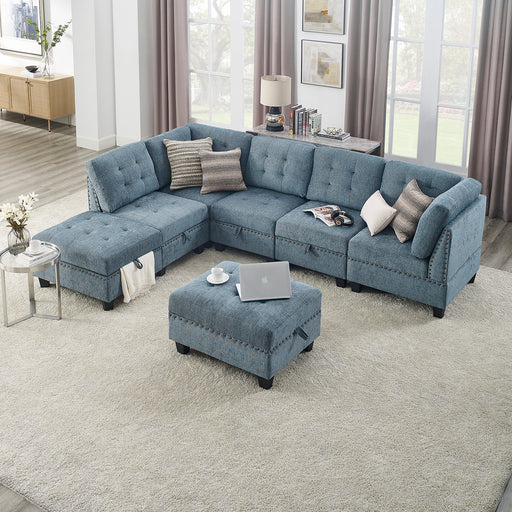 GFD Home - L shape Modular Sectional Sofa，DIY Combination，includes Three Single Chair ，Two Corner and Two Ottoman，Navy Blue - GreatFurnitureDeal