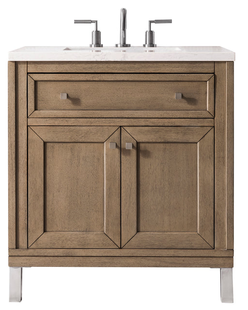 James Martin Furniture - Chicago 30" Single Vanity Whitewashed Walnut w- 3 CM Classic White Quartz Top - 305-V30-WWW-3CLW - GreatFurnitureDeal